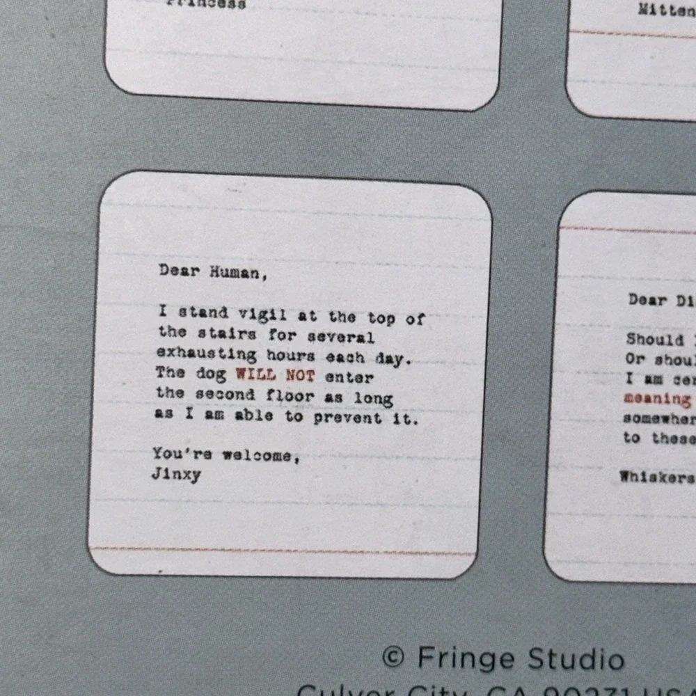 Fringe Studio Pet Shop Cat Note Cork Backed Beverage Coasters Set of 4 New